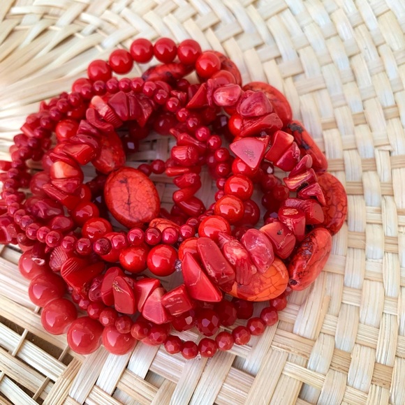 Natural Red Bamboo Coral & Genuine Jasper Gemstone Mixed Beads Bracelet Stack - Picture 4 of 11
